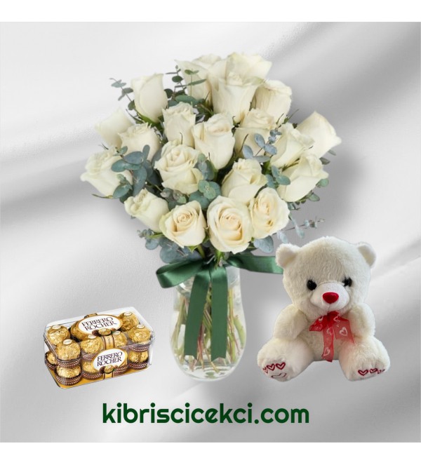 Vazoda 21 Beyaz Gül Ayıcık 16'lı Ferrero Çikolata